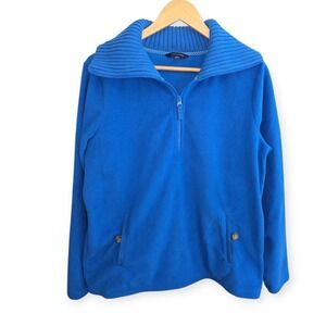 Lands End Blue Fleece‎ Quarter Zip Pullover Women's Large Ribbed Collar Pockets